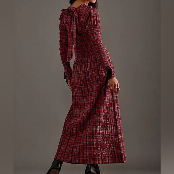 Damson Madder Alice Red Plaid Shirred Midi Dress Drop Waist Velvet Trim Sz 6 - Picture 2 of 11